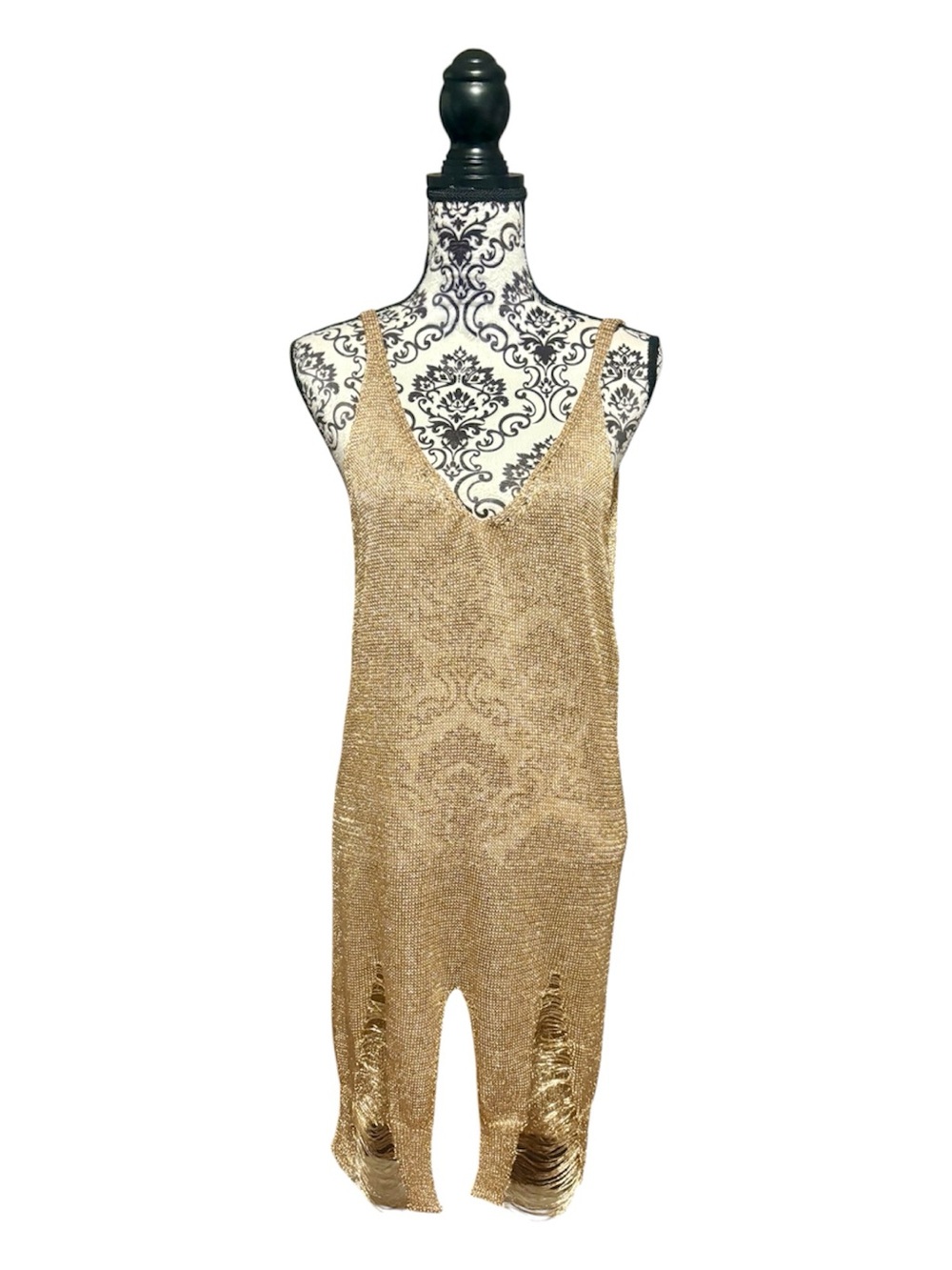SETTLEDOWN Metallic Gold Crochet Top with Distressed Hem and Back Cutout